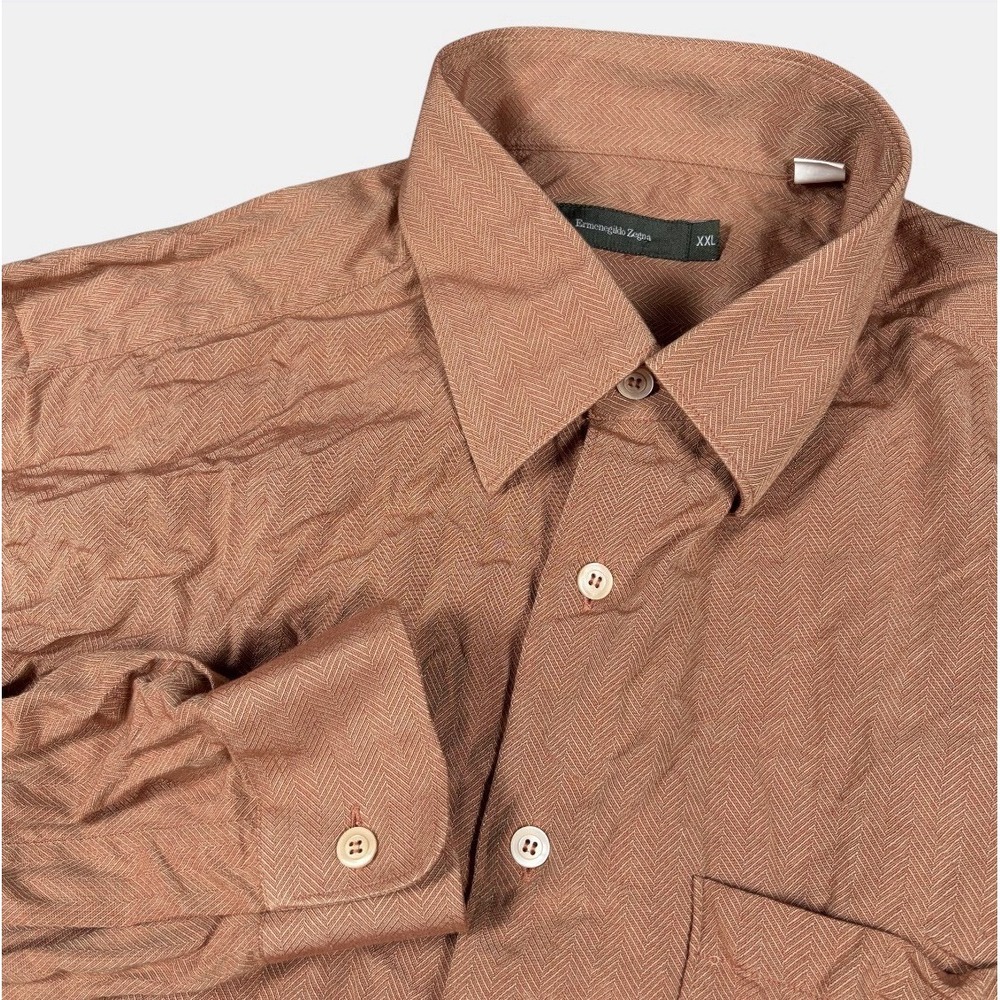 Ermenegildo Zegna Shirt Mens M Brown Silk Blend Herringbone Button Down Sz 2XL